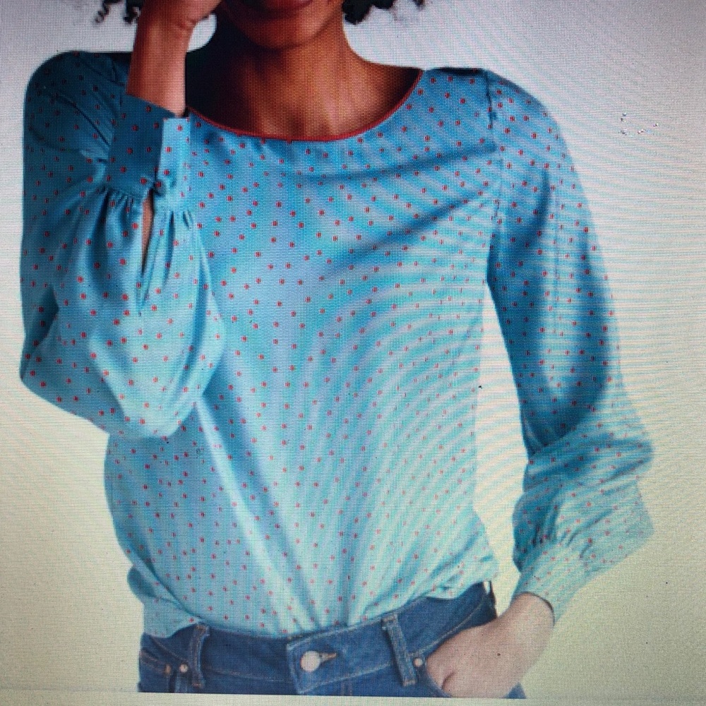🔴 Boden 🔴 Light Blue Blouse with red polka dots and trim
